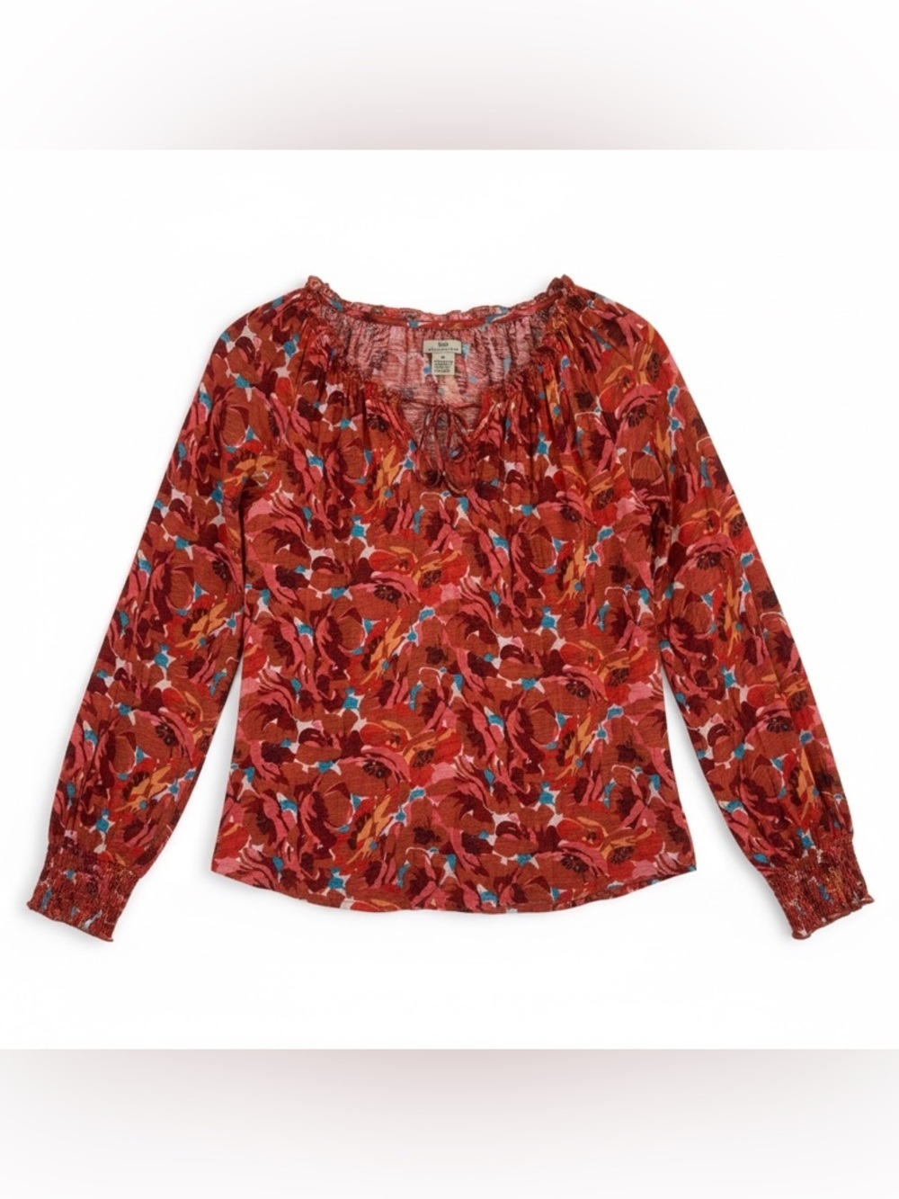 Lucky Brand Red Floral Peasant Blouse with Blue Accents
